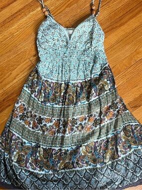 Derek Heart y2k boho paisley beaded mini dress with crochet detail